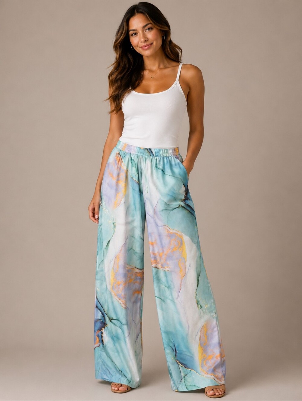 Noracora XXL Abstract Marble Print Wide Leg Elastic Waist Pants Turquoise Gold‎